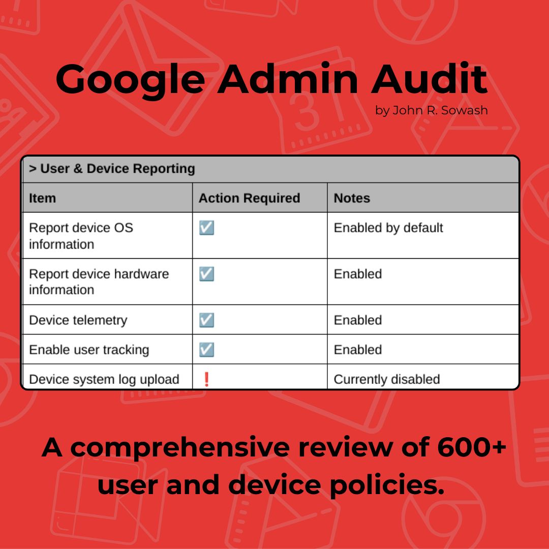 jrsowash's tweet image. I&apos;m wrapping up a Google Admin audit today.

An audit is a comprehensive review of your Workspace domain to improve security and optimize your resources for the classroom.

You can perform your own audit by looking at this sample audit: sowashventures.com/google-admin-s…

#GoogleEDU