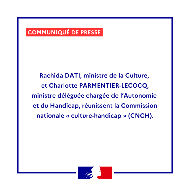 Solidarite_gouv's tweet photo. #Communiqué 🗞️| Rachida Dati, ministre de la Culture, et Charlotte Parmentier-Lecocq, ministre déléguée chargée de l’Autonomie et du Handicap, réunissent la Commission nationale « culture-handicap » (CNCH) ⤵️

@datirachida @lecocqcharlotte