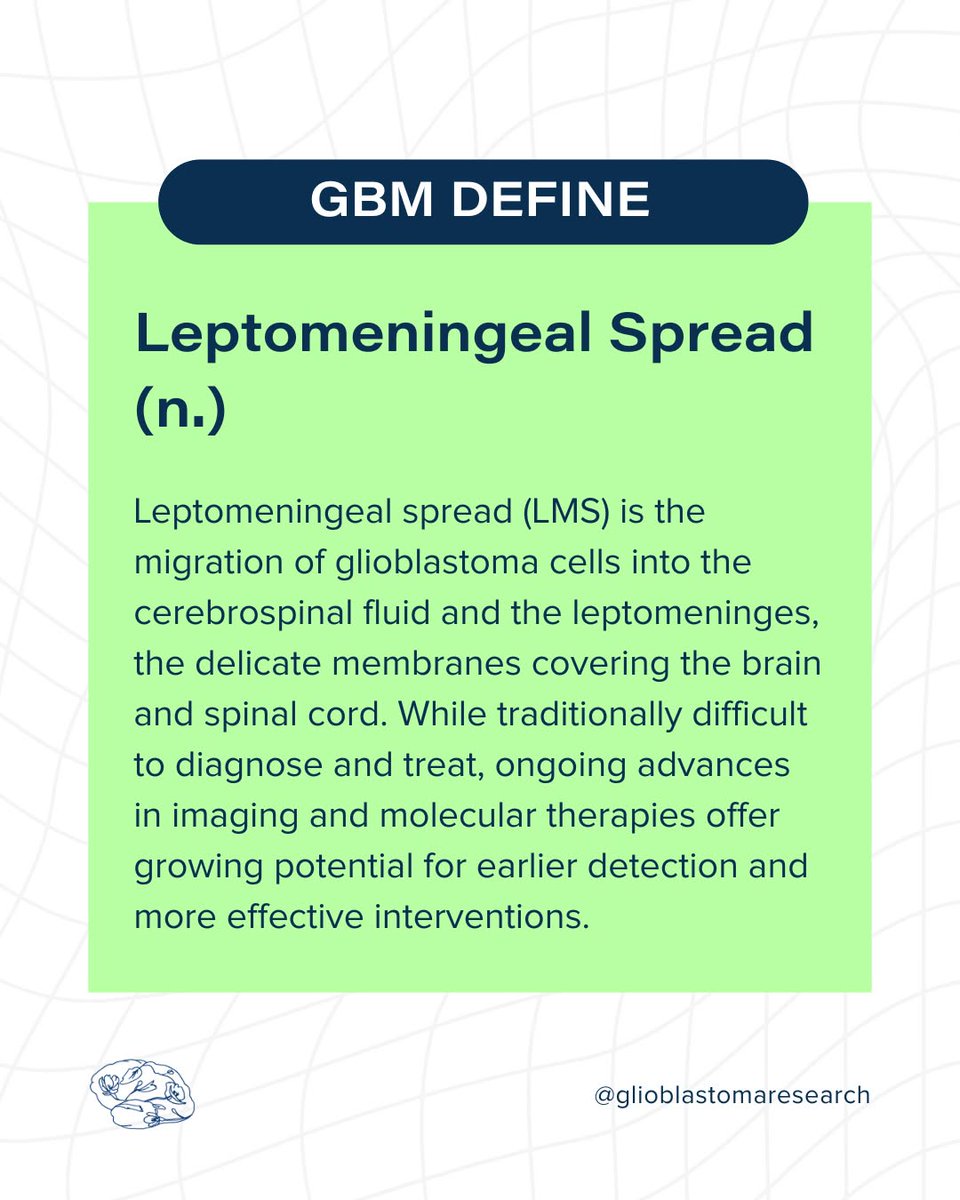 glioblastomaorg's tweet image. Leptomeningeal spread (LMS) occurs when glioblastoma cells migrate to the cerebrospinal fluid and membranes surrounding the brain and spinal cord.
Every study moves us closer to better care, clearer answers, and longer survival 🧠💚
#Glioblastoma