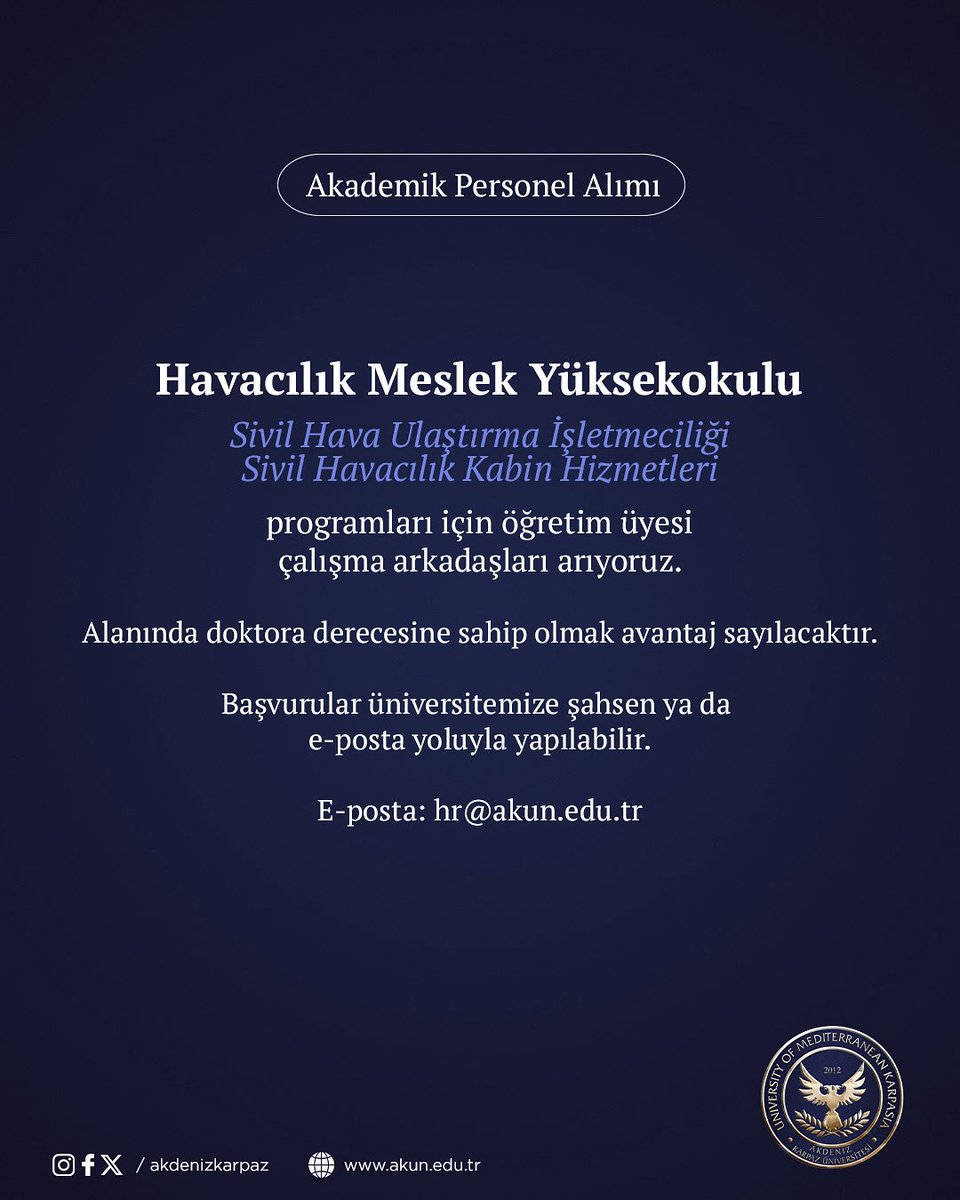 Akademik Personel Alımı: Havacılık Meslek Yüksekokulu; Sivil Hava Ulaştırma İşletmeciliği, Sivil Havacılık Kabin Hizmetleri