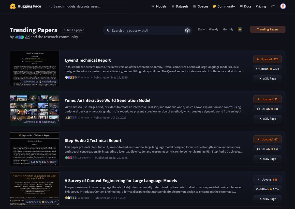 Caleb (@calebfahlgren) on Twitter photo Papers with Code was sunsetted yesterday. It had a beautiful run over the years. We are excited to carry the baton with a new launch of <a href="/huggingface/">Hugging Face</a> Trending Papers 📄 Papers with Code was sunsetted yesterday. It had a beautiful run over the years. We are excited to carry the baton with a new launch of <a href="/huggingface/">Hugging Face</a> Trending Papers 📄