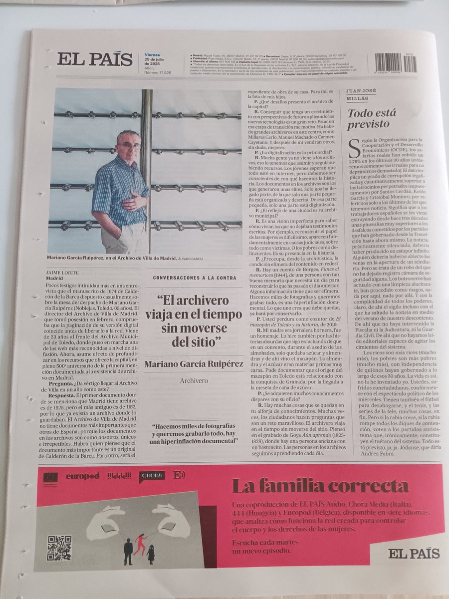 Hoy en la última de <a href="/el_pais/">EL PAÍS</a> charlo con un gran tipo, Mariano García Ruipérez, nuevo director del Archivo de Villa de Madrid. 

Como siempre, un poco más largo en web: elpais.com/cultura/2025-0…