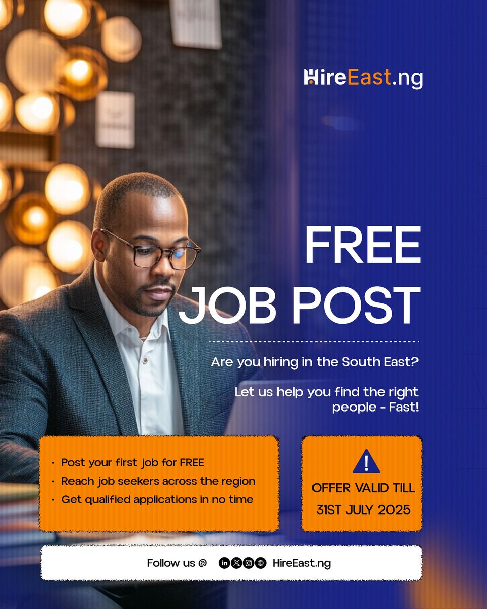 GinikaOfAfrica's tweet image. It’s a good day to take advantage of our free job posts going on till the end of July
Send us a dm @HireEast_ng or WhatsApp number 0813 020 4442