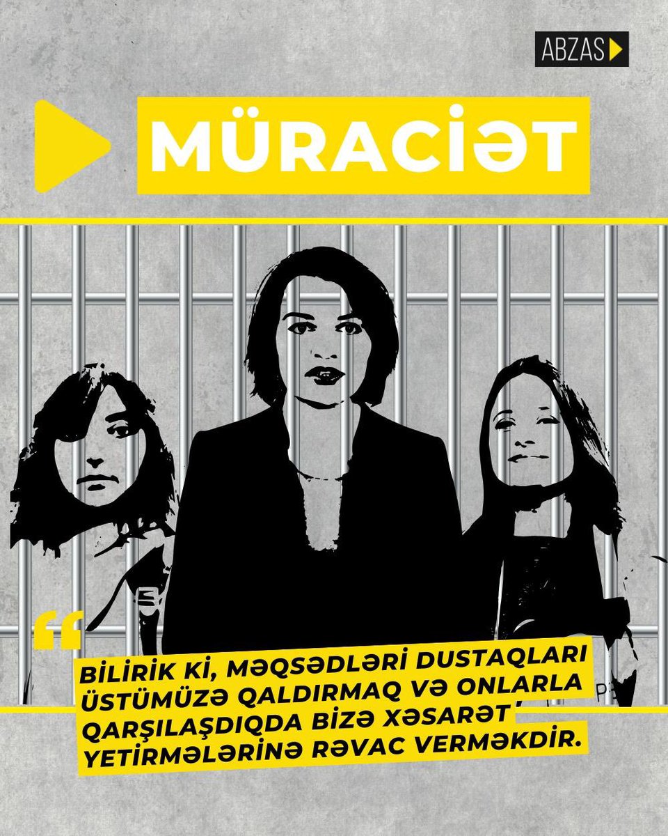 AbzasMedia's tweet photo. Aclığın 4-cü günündə Bakı İstintaq Təcrüdxanasında saxlanılan “Abzas Media”nın qadın əməkdaşlarının ictimaiyyətə müraciəti:
"Biz aclığa başlayandan demək olar ki, korpusa su vermirlər. Səhər və axşam yarım saat su verilir. Bu müddətdə 153 qadın nə yuyuna bilir, nə çirkli qablarını yuya bilir, nə də boş qalan su qablarını doldura bilir.
23 iyulda isti su günümüz idi. Həmin gün 3 saat isti su verilir, amma bu dəfə verilmədi.
23 iyul axşam cəmi 15 dəqiqə soyuq su verildi, məhbuslar qapıları döyüb su tələb edəndən sonra 15 dəqiqə su verildi və dayandırıldı.
İstidən kameralar od tutub yandığı vaxt 3 mərtəbədə yerləşən 350-dən çox həbs edilmiş şəxsə əziyyət verilir. Dustaqlar əl-üzlərini yumaq üçün bir ovuc su tapmırlar.
Onlar şikayətlənirlər ki, biz aclığa başlamışıq deyə korpusa su verilmir. Beləcə dustaqları üstümüzə qaldırırlar. Biz, Penitensiar Xidmət rəhbərliyini insanlara bu cür işgəncə verməkdən əl çəkməyə çağırırıq.
Bilirik ki, məqsədləri dustaqları üstümüzə qaldırmaq və onlarla qarşılaşdıqda bizə xəsarət yetirmələrinə rəvac verməkdir.
Bizə qarşı baş verən bu haqsızlıqların İlham Əliyevin icazəsi ilə baş verdiyini bilirik və başımıza gələcək bütün pis hadisələrdə onu məsuliyyətli biləcəyik".
Sevinc, Nərgiz, Elnarə
#abzasmedia #freeabzas #PressFreedom #Journalism