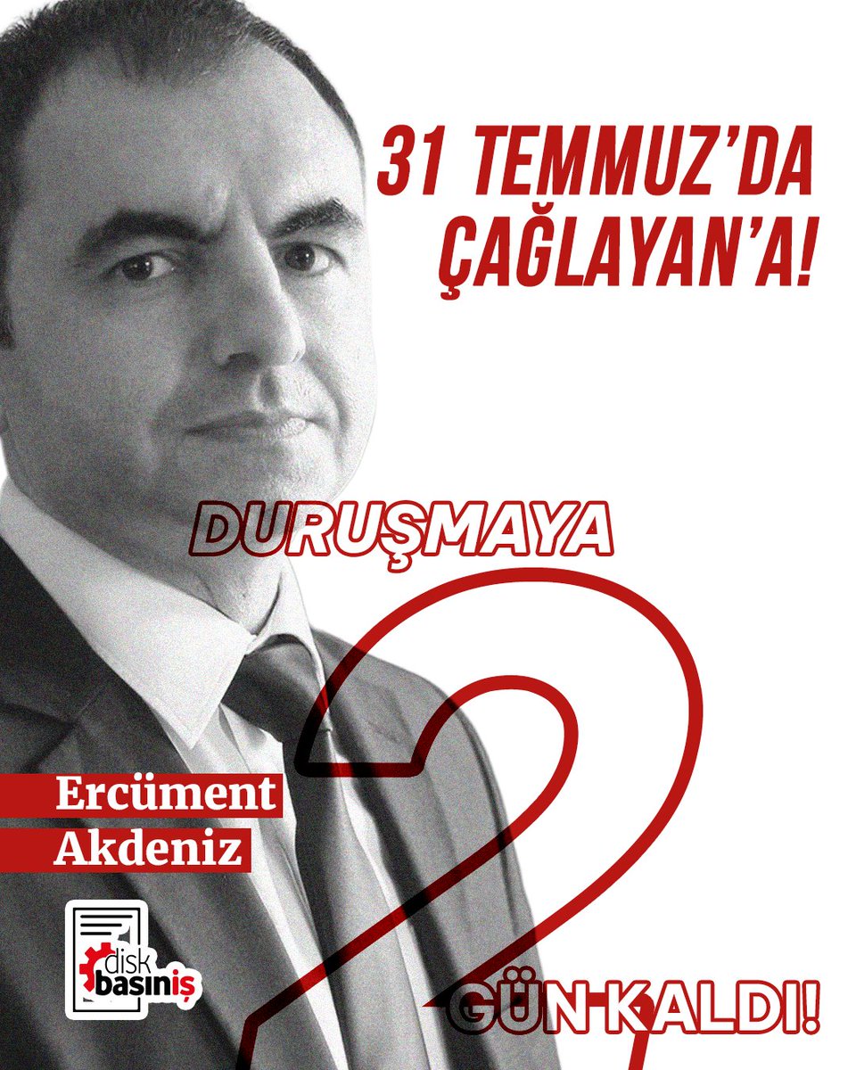 Üyemiz, Gazeteci Ercüment Akdeniz, barış, emek ve demokrasi mücadelesine verdiği katkılar nedeniyle 1️⃣5️⃣8️⃣ gündür hapiste!

Tutuklu yargılanması için yeterli delil bulunmayan, kaçma şüphesi olmayan Ercüment Akdeniz’in ilk duruşması 3️⃣1️⃣ Temmuz'da görülecek.

Duruşmaya 2️⃣ gün