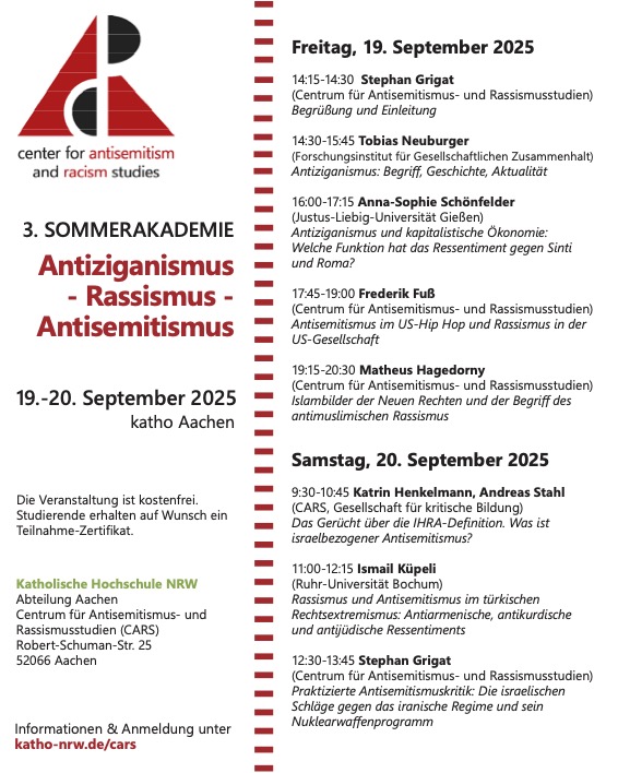 Plakat zu unserer 3. Sommerakademie, die am 19. &amp; 20. September unter dem Titel "#Antiziganismus - #Rassismus - #Antisemitismus" an der katho Aachen stattfinden wird