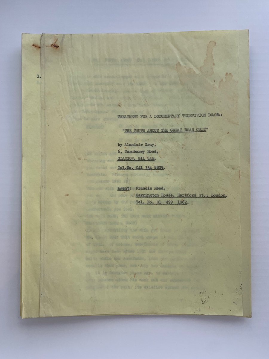 AGrayArchive's tweet image. Timeline 25: In 1976 Francis Head, Alasdair’s literary agent, dies. He secured commissions & his death was a serious blow both personally & professionally for Gray. Item AGA3.4.275, in our collection is a typed treatment with written directions Gray wrote for a tv drama.