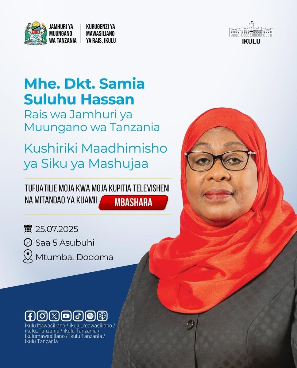MK47TA's tweet image. LEO: Rais @SuluhuSamia atashiriki Maadhimisho ya #SikuYaMashujaa2025 Mtumba-Dodoma saa 5:00 asubuhi.
Fuatilia mubashara kupitia @ikulu_tanzania na @tbc_tz. Tuungane kuenzi mashujaa wetu waliopigania uhuru, amani na maendeleo ya Taifa letu ๐น๐ฟ