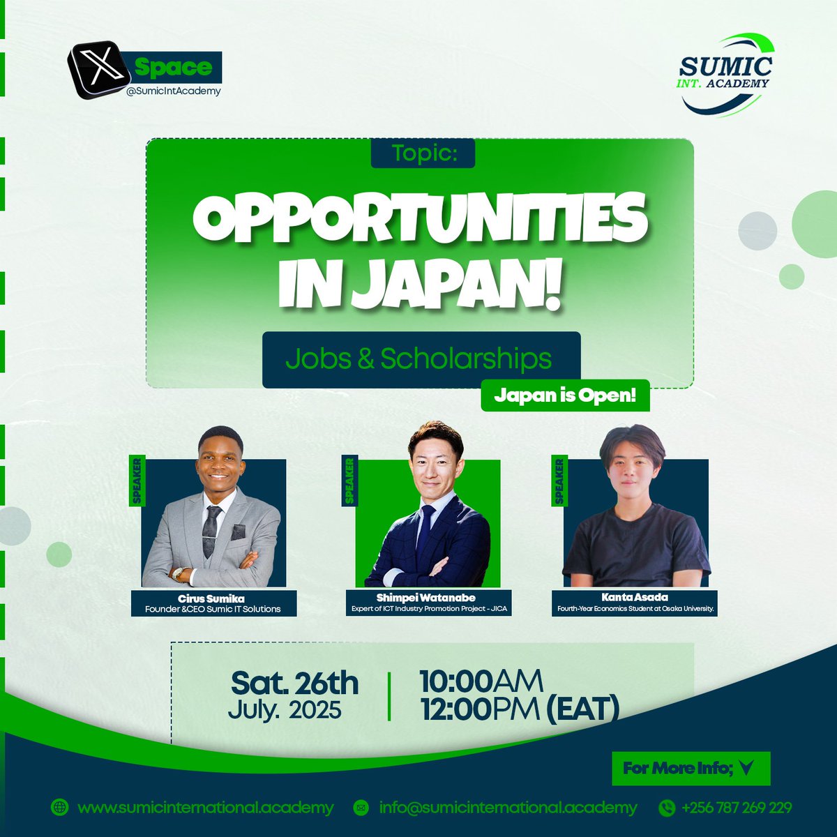 Oliveria53798's tweet image. Hello friends, the day is tomorrow 🥳.
Don’t miss this powerful X Space hosted by @SumicIntAcademy
Topic: Opportunities in Japan: Jobs & Scholarships
📅 Saturday, 26th July
🕙 10:00 AM EAT
✅ Come with questions, leave with clarity.
Set a reminder ⬇️
x.com/i/spaces/1MYxN…