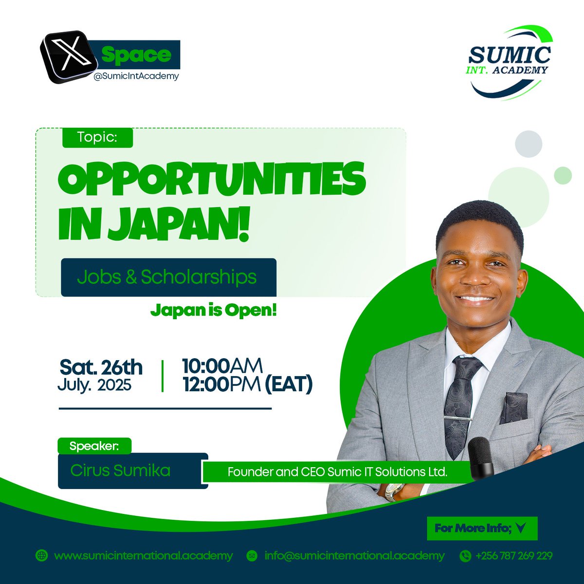 Oliveria53798's tweet image. Hello friends, the day is tomorrow 🥳.
Don’t miss this powerful X Space hosted by @SumicIntAcademy
Topic: Opportunities in Japan: Jobs & Scholarships
📅 Saturday, 26th July
🕙 10:00 AM EAT
✅ Come with questions, leave with clarity.
Set a reminder ⬇️
x.com/i/spaces/1MYxN…