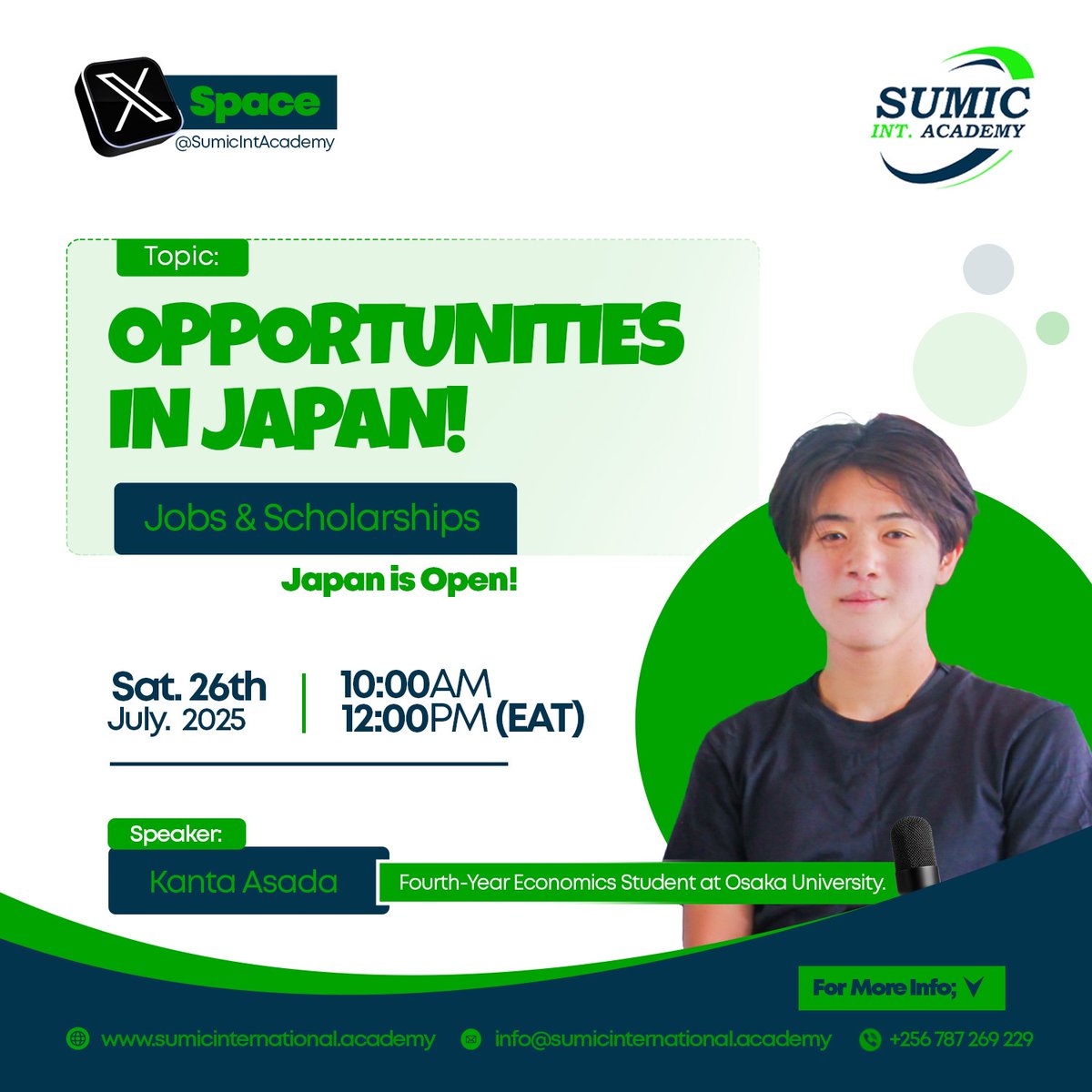Oliveria53798's tweet image. Hello friends, the day is tomorrow 🥳.
Don’t miss this powerful X Space hosted by @SumicIntAcademy
Topic: Opportunities in Japan: Jobs & Scholarships
📅 Saturday, 26th July
🕙 10:00 AM EAT
✅ Come with questions, leave with clarity.
Set a reminder ⬇️
x.com/i/spaces/1MYxN…