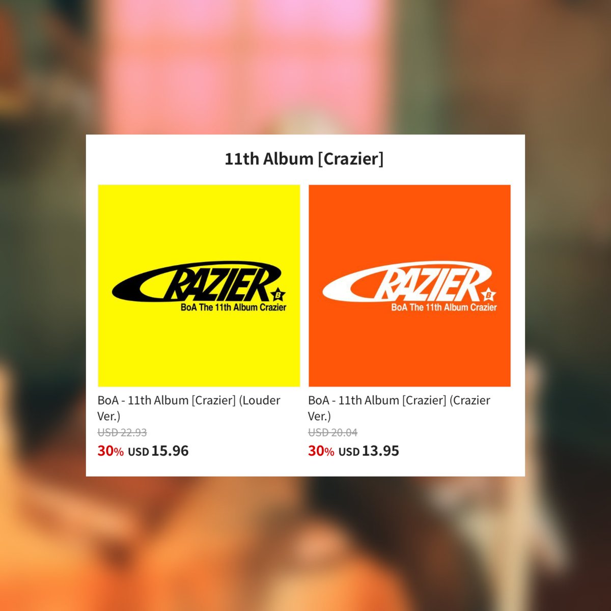 boasource's tweet image. 🛒 BoA’s ‘Crazier‘ album has surpassed 1,000 total pre-orders on KTown4U!
Pre-order now: tinyurl.com/yc29ykv9
— 30% discount offer ends on Aug. 4
#BoA #보아