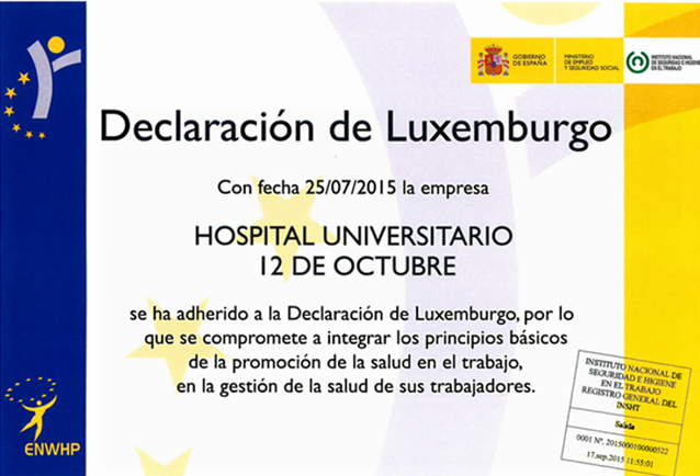 🤝 Justo hoy se cumple una década del día en el que el #Hospital12deOctubre se sumó a la Declaración de Luxemburgo. 

✅ Es una iniciativa que reconoce las 'Buenas Prácticas en Promoción de la Salud en el Trabajo'. 

+ info: c.madrid/v9eso1

#somosdel12