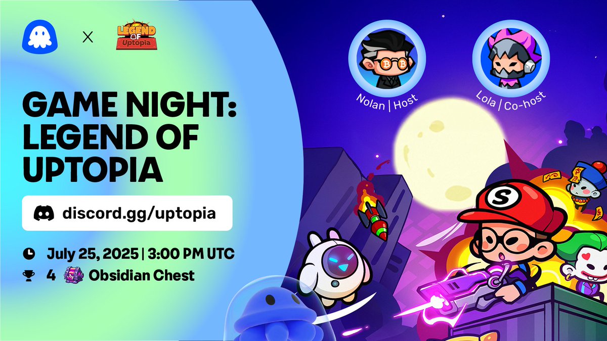 Uptopia_xyz's tweet image. Game Night: Legend of Uptopia
Tonight we’re diving into Legend of Uptopia, our freshly launched flagship game! 🕹️✨
Join us in voice chat, share your tips, and enter the raffle for a shot at 4 Obsidian Chests!