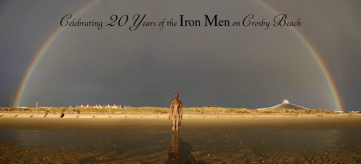 RonDaviesPhoto's tweet image. The last rays of the setting sun highlight a passing storm at Crosby beach, creating a wonderful rainbow arched over the Iron Men of Antony Gormley's Another Place, nature and sculpture working together in perfect harmony. @IronMenCrosby #IronMenat20
