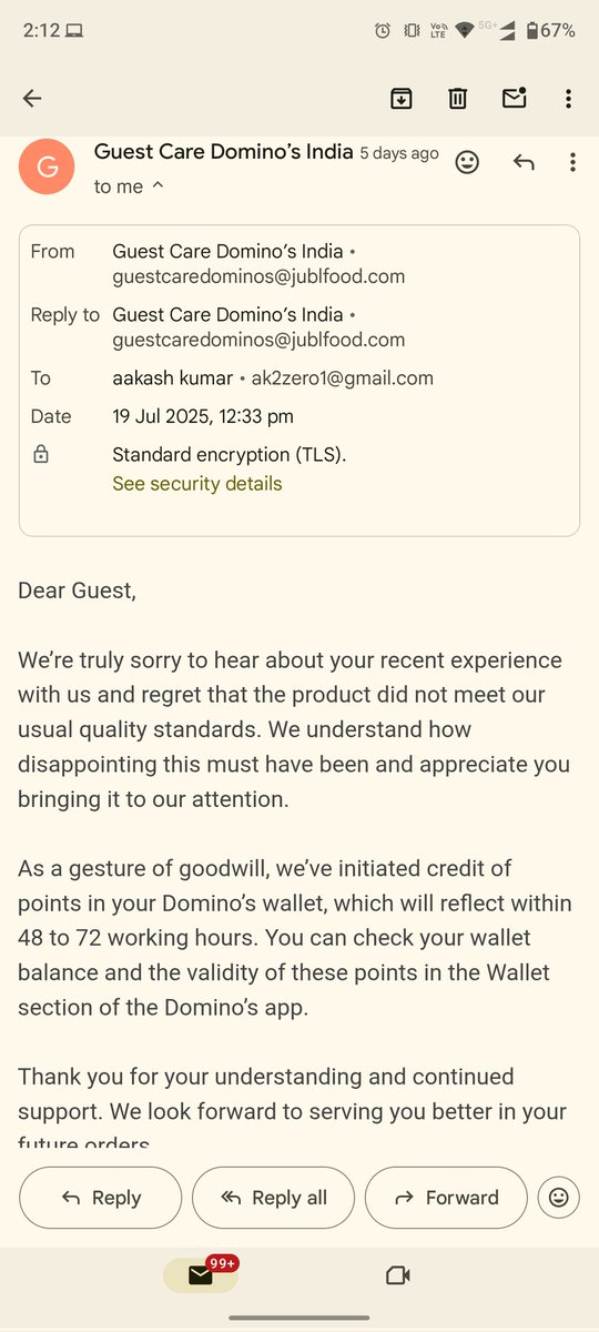 itsaakashkumar's tweet photo. @dominos_india Please find attached of the email i received regarding this issue i had faced. And it's been more than 96 hrs but didn't get any response on that mail and neither i received the points in my wallet as promised. Kindly do the needful at the earliest. @dominos https://t.co/swf8DAWSMF