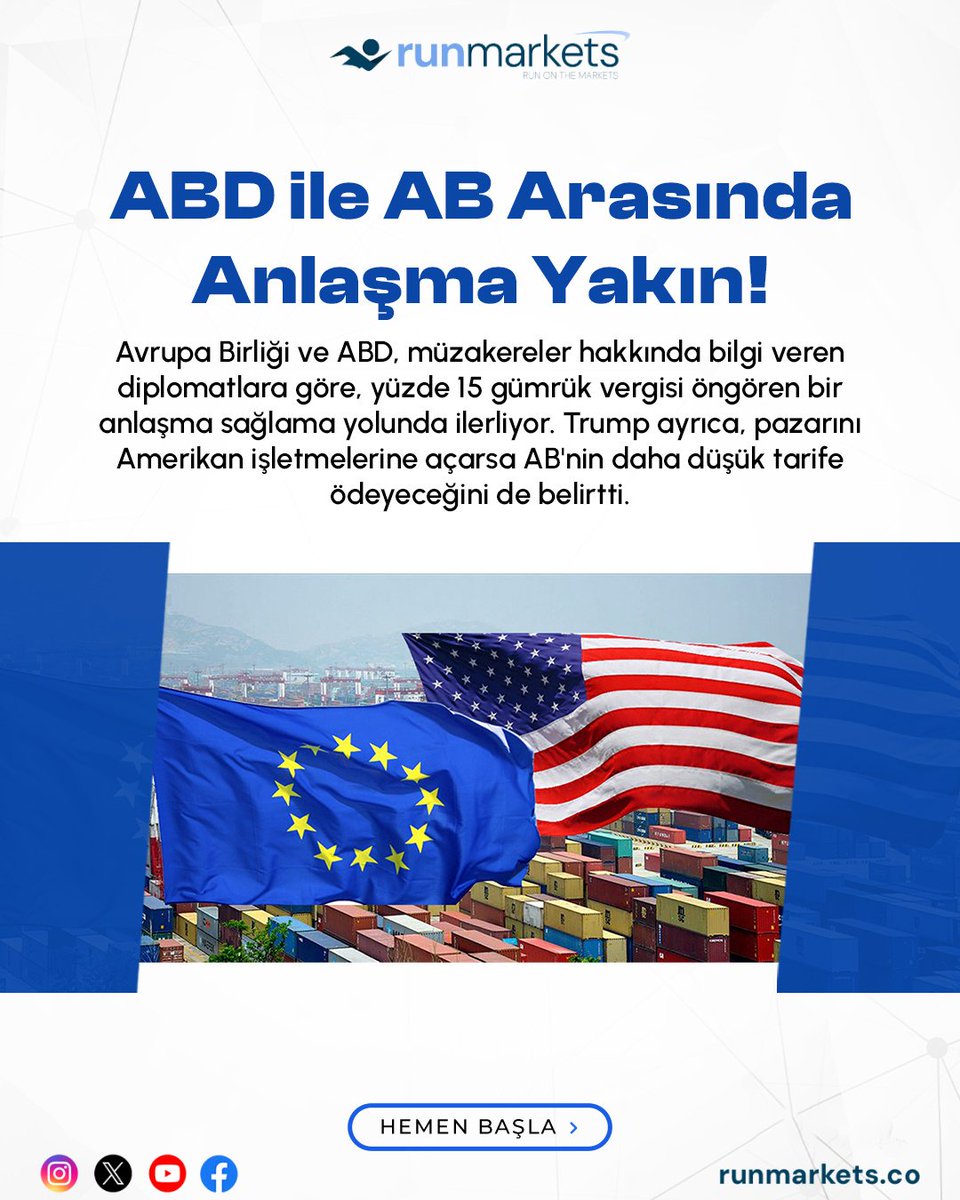 RunMarkets's tweet image. ABD ile AB %15 gümrük vergisi oranıyla anlaşmaya yakın
#forex #vegi #Trump #Nasdaq #Dax #borsa #hisse