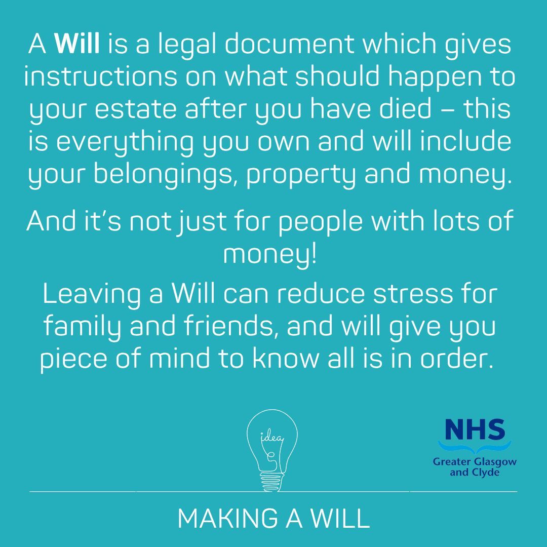 NHSGGC - Planning Your Care (@nhsggc_fcp) on Twitter photo Although it can feel difficult to talk about what happens after you die, having a Will in place can make things a lot easier further down the line.
Money Helper 👉 moneyhelper.org.uk/en/family-and-…
<a href="/EastDunHSCP/">East Dun HSCP</a> <a href="/GCHSCP/">Glasgow City HSCP</a> <a href="/WDCouncil/">West Dunbartonshire Council</a> <a href="/RenHSCP/">Renfrewshire Health and Social Care Partnership</a> <a href="/InverclydeHSCP/">Inverclyde HSCP</a> <a href="/erhscp/">East Renfrewshire Health & Social Care Partnership</a> <a href="/NHSGGC/">NHS Greater Glasgow and Clyde</a> <a href="/NHSGGCCarers/">NHSGGC Carers</a> Although it can feel difficult to talk about what happens after you die, having a Will in place can make things a lot easier further down the line.
Money Helper 👉 moneyhelper.org.uk/en/family-and-…
<a href="/EastDunHSCP/">East Dun HSCP</a> <a href="/GCHSCP/">Glasgow City HSCP</a> <a href="/WDCouncil/">West Dunbartonshire Council</a> <a href="/RenHSCP/">Renfrewshire Health and Social Care Partnership</a> <a href="/InverclydeHSCP/">Inverclyde HSCP</a> <a href="/erhscp/">East Renfrewshire Health & Social Care Partnership</a> <a href="/NHSGGC/">NHS Greater Glasgow and Clyde</a> <a href="/NHSGGCCarers/">NHSGGC Carers</a>