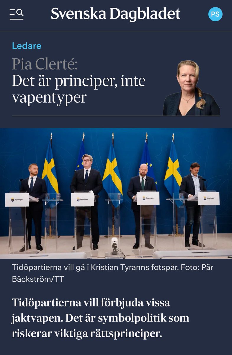 Jag skriver i SvD Ledare om Tidöpartiernas beslut att beslagta jaktvapen från laglydiga medborgare.

svd.se/a/939KOr/vikti…