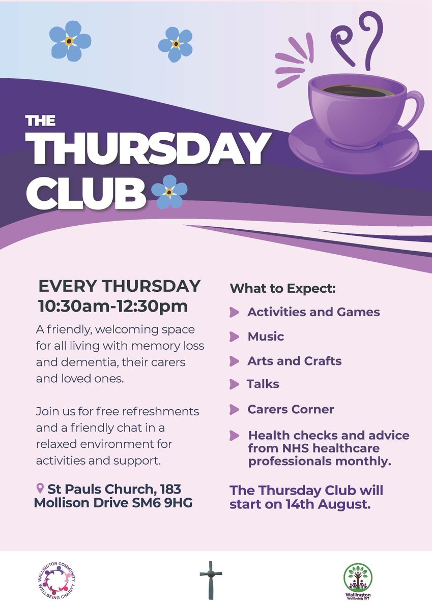 ComActionSutton's tweet image. The Thursday Club - Official Launch Day!
31st July from 10:30am–1pm at St Pauls Church, 183 Mollison Drive SM6 9HG
The Thursday Club is a new friendly, welcoming space for all living with memory loss and dementia, including their carers and loved ones.
Inc; Refreshments and lunch