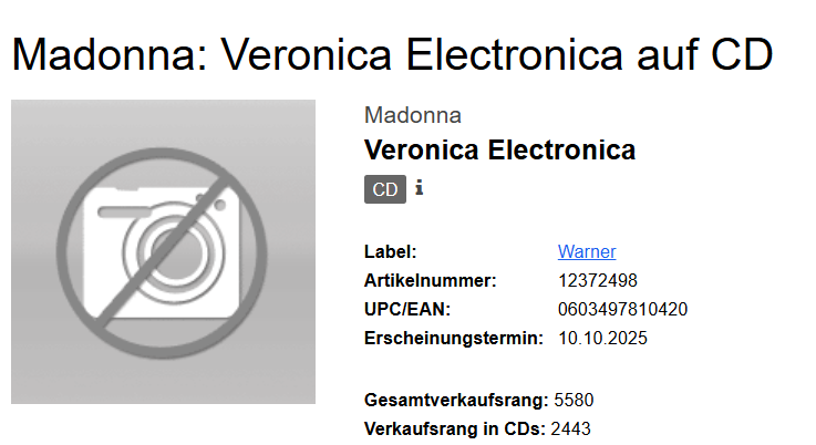 GregvsMatt's tweet image. It appears Madonna's Veronica Electronica release is being released on clear vinyl and CD on 10 October 2025 according to the German retailer JPC - if this is true, let's go!