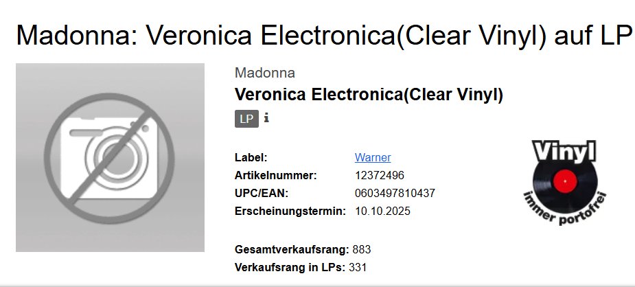 GregvsMatt's tweet image. It appears Madonna's Veronica Electronica release is being released on clear vinyl and CD on 10 October 2025 according to the German retailer JPC - if this is true, let's go!
