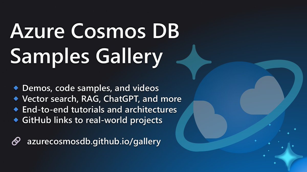 AzureCosmosDB's tweet image. Check out the Azure Cosmos DB Samples Gallery—a rich collection of demos, code &amp;amp; videos for AI, RAG, vector search, ChatGPT, and more with Azure Cosmos DB.

🧑‍💻 msft.it/6013s1dL3
#AzureCosmosDB #AI #VectorSearch