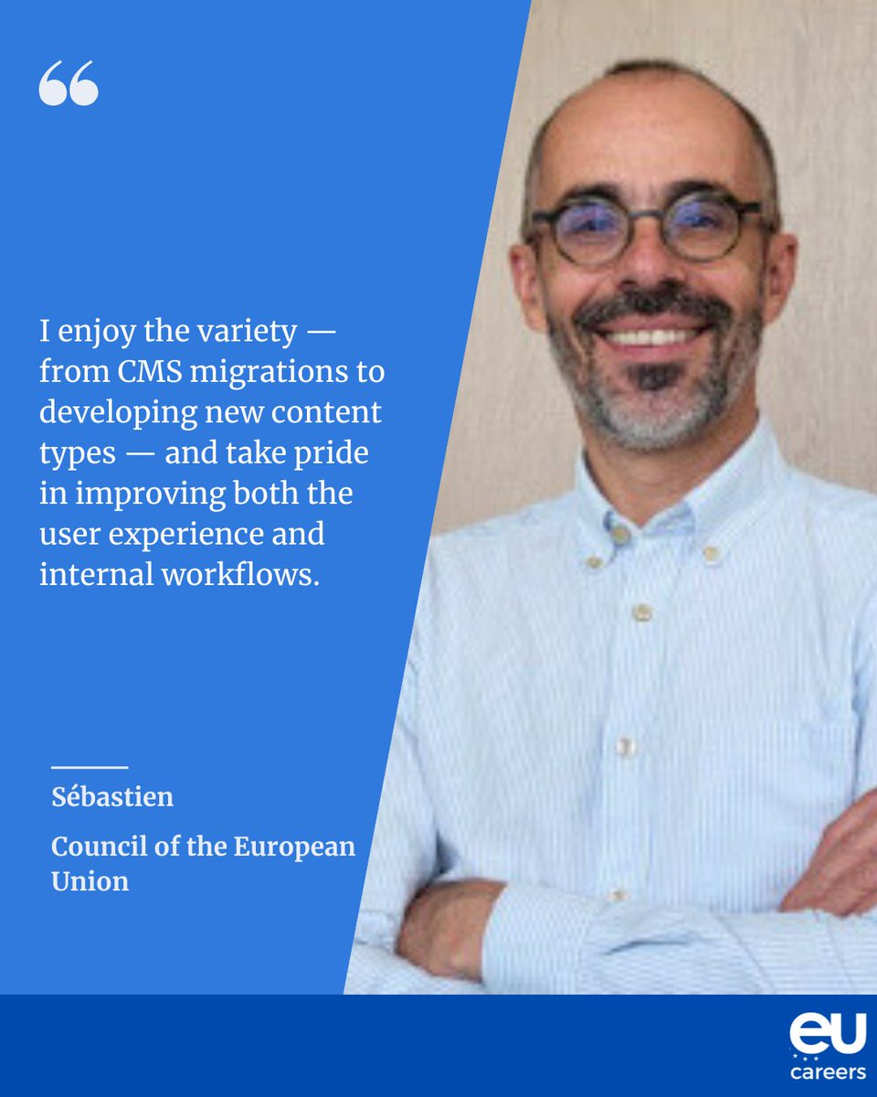 🟦 The EU Institutions are seeking skilled communication pros like Sébastien!
🚨 Deadline 29 July at 12:00 Brussels time
🎯 Apply to one field ⤵️ bit.ly/4kW5o4I
1️⃣ Graphic design and visual content production
2️⃣ Social media and digital communication 
3️⃣ Webmaster