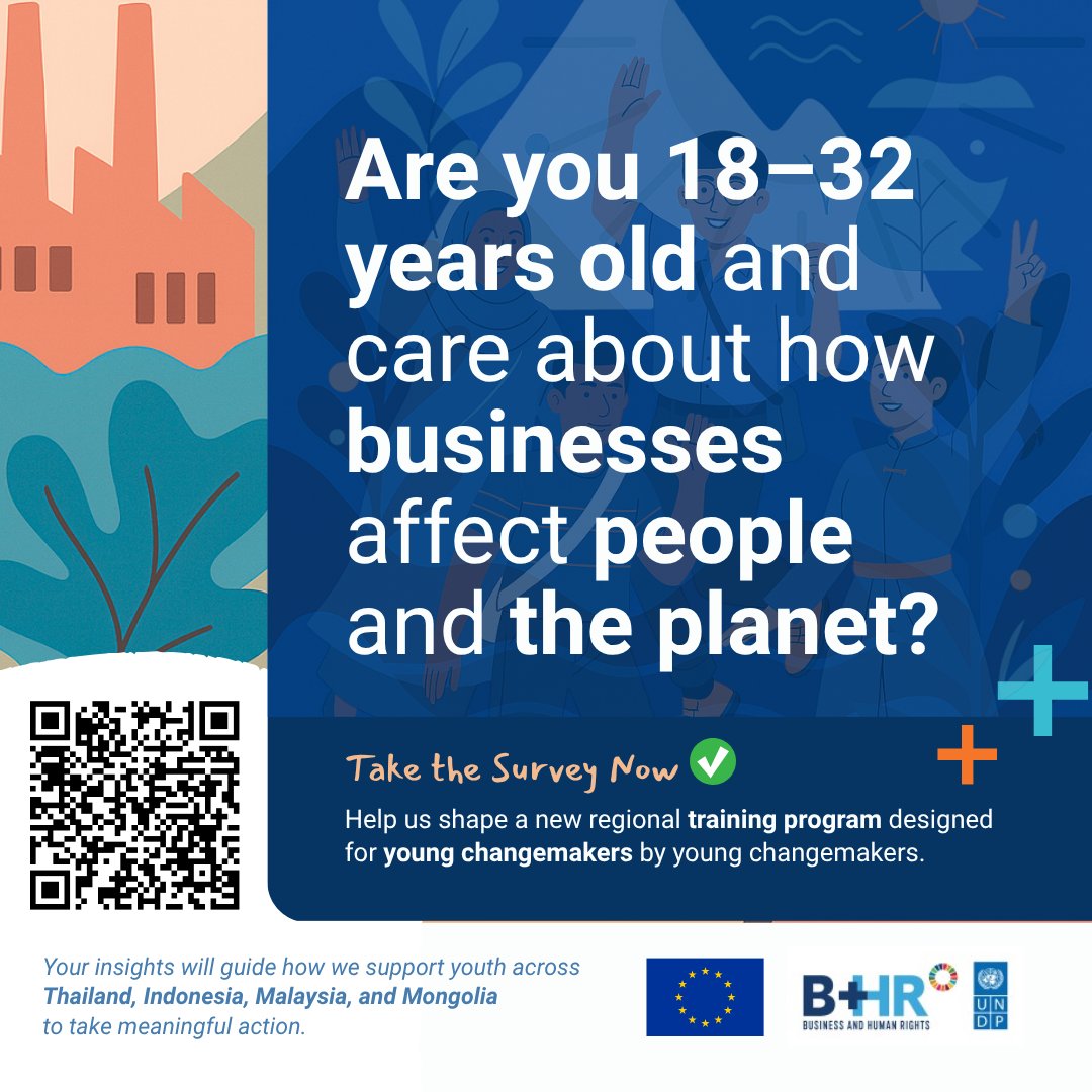 BizHRAsia_UNDP's tweet image. 📣 Are you 18–32 years old in 🌏and care about the impact of business on people and the environment?
🌱 Help us design a regional training program by youth, for youth
💡 Your insights are crucial to spark change
📝 Take the survey now: form.typeform.com/to/isq24Y8S