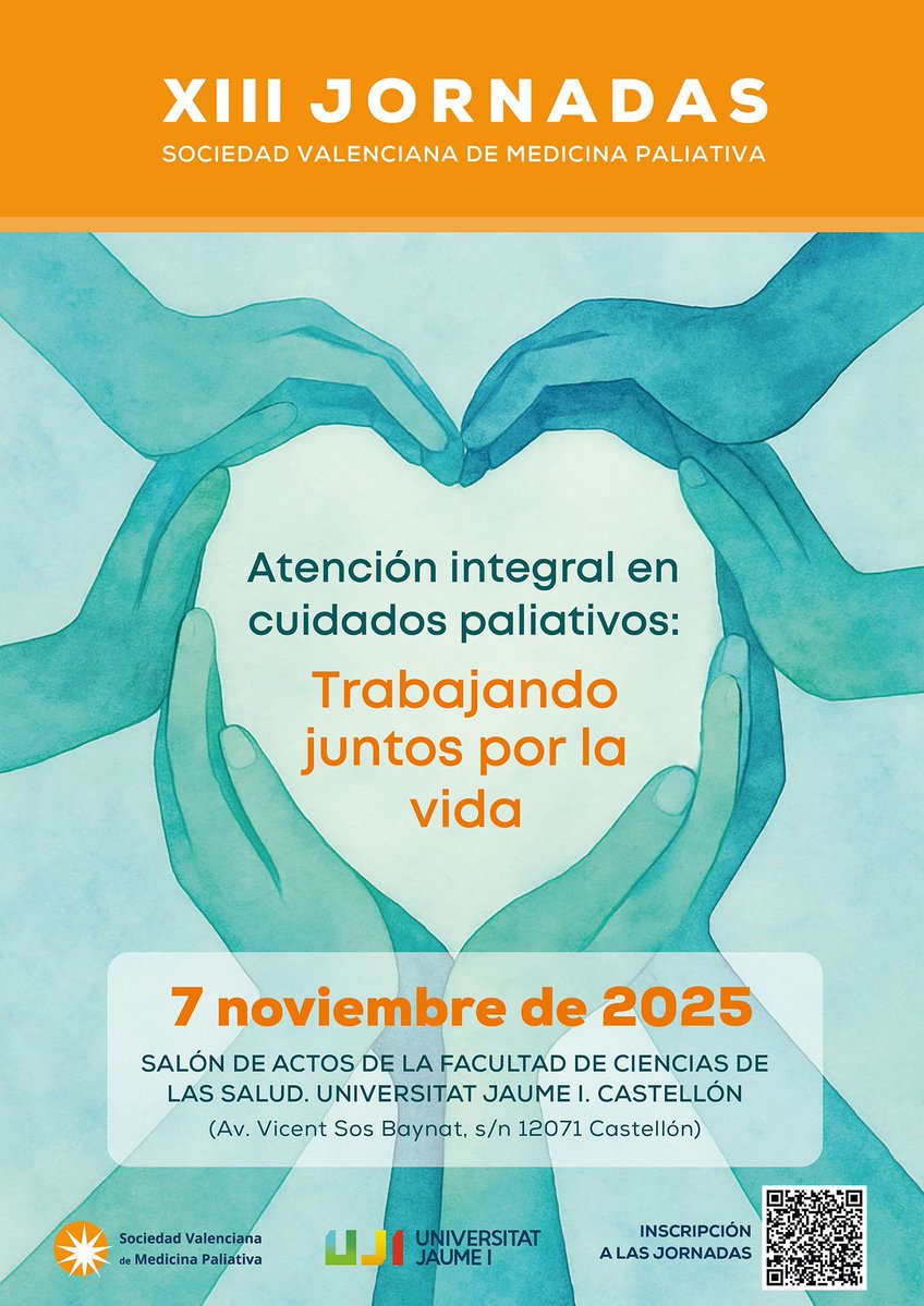 secpal_'s tweet image. 🔊 XIII Jornadas de la Sociedad Valenciana de Medicina Paliativa (@SVMPaliativa): 'Atención integral en #cuidadospaliativos: trabajando juntos por la vida'
🗓️ 7 de noviembre (viernes)
📍 Universitat Jaume I de Castellón
➕ Información 👉 bit.ly/46XF4CM