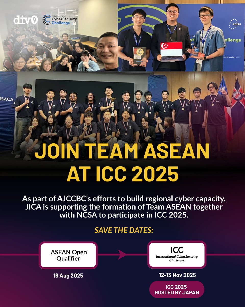 div0_sg's tweet photo. ๐จ Join Team ASEAN for ICC 2025! ๐๐ธ๐ฌ
ICC 2025 is hosted by Japan ๐ฏ๐ต this Nov. AJCCBC is scouting talents via ASEAN Open Qualifier (16 Aug 2025).
๐ Save the dates and follow us for more updates
#Div0 #ICC2025 https://t.co/hLEin5cpvi