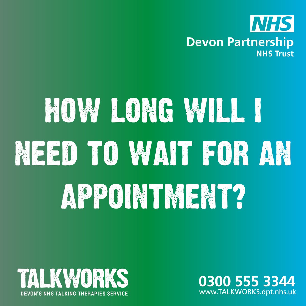 DPT_TALKWORKS's tweet image. Once you have self-referred to TALKWORKS, we will contact you within 5 working days to arrange your appointment. We aim to see all of our referrals for an initial assessment within 6 weeks, however, our current waiting times are much shorter: orlo.uk/w8WzY #Therapy #NHS