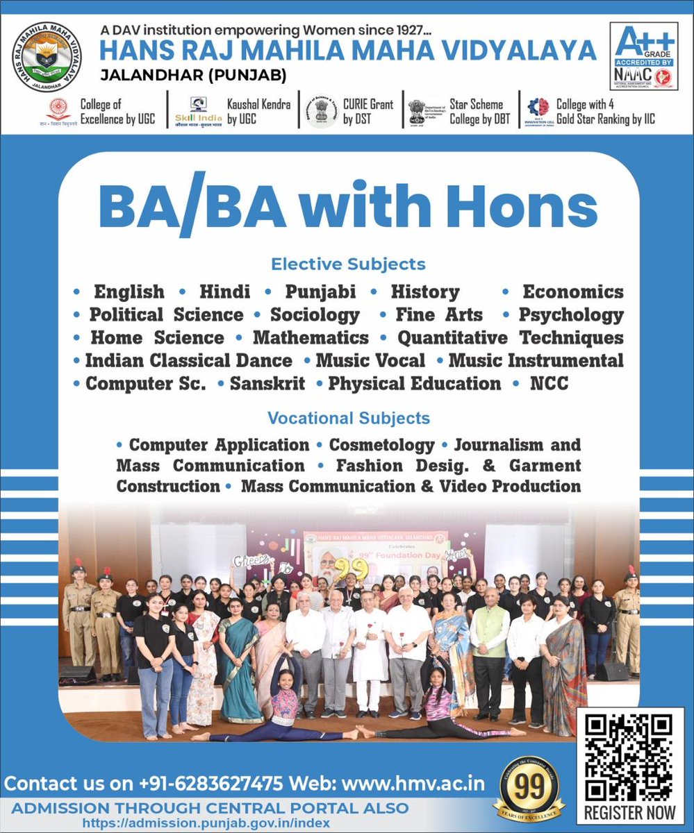 HmvCollege's tweet image. BA/BA Hons at HMV Jalandhar – A Blend of Academic Excellence &amp;amp; Vocational Edge

Online ADMISSION FORM 2025-26:
hmv.ac.in/college-admiss…

#admission2025 #ba #bahons #womeneducation #careerbuilding #vocationalcourses #electivesubjects #collegelife #hmvjalandhar #studywithhmv