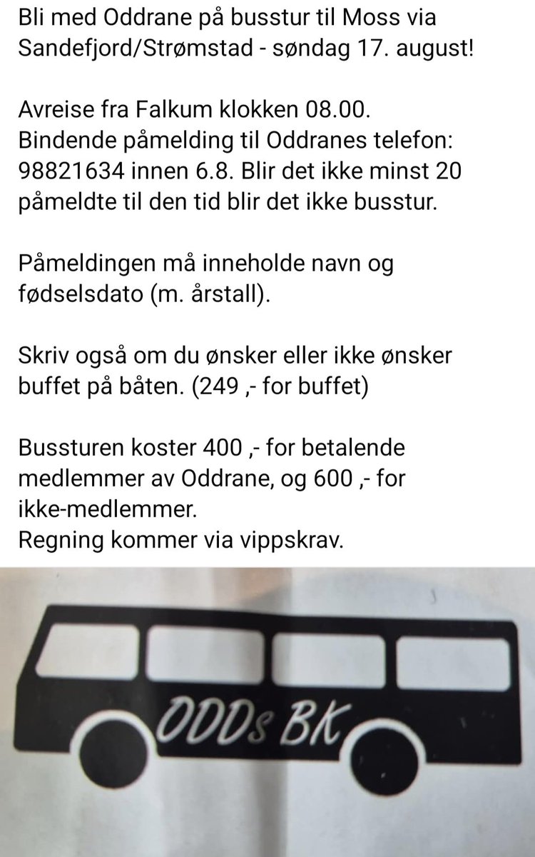 Bli med på buss til Moss borte Søndag 17 august