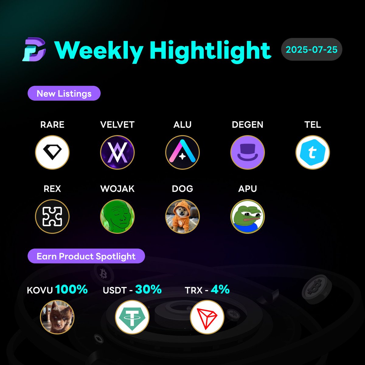 🚀 DigiFinex Weekly Highlight 🔥 New Listings $RARE $VELVET $ALU $DEGEN  $TEL $REX $WOJAK $DOG $APU Trade now and catch the next moonshot! 💰 Earn  Product Spotlight $KOVU – 100% $USDT –