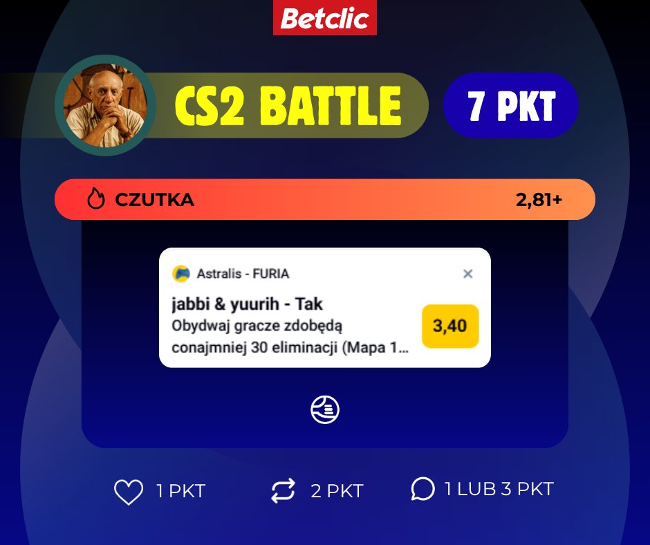 janko_betekipa's tweet photo. Pamiętajcie — komentując ten wpis z typem z kursem 2.81+, macie szansę na 3 punkty, jeśli Wasz typ okaże się zielony. Ta sama zasada przechodzi na tweety z pozostałych kategorii.

🔴 Czutka: jabbi & yuurih — obydwaj gracze zdobędą minimum 30 eliminacji (1&2 mapa) @ 3.40

I taka czutka na graczy, którzy nie zawsze grają pierwsze skrzypce, ale jabbi mega pierwszy mecz, a Jurek jest już dłuższy czas w formie. Na papierze wygląda na wyrównany mecz, więc może akurat rund wystarczy na linijki z obu stron.
