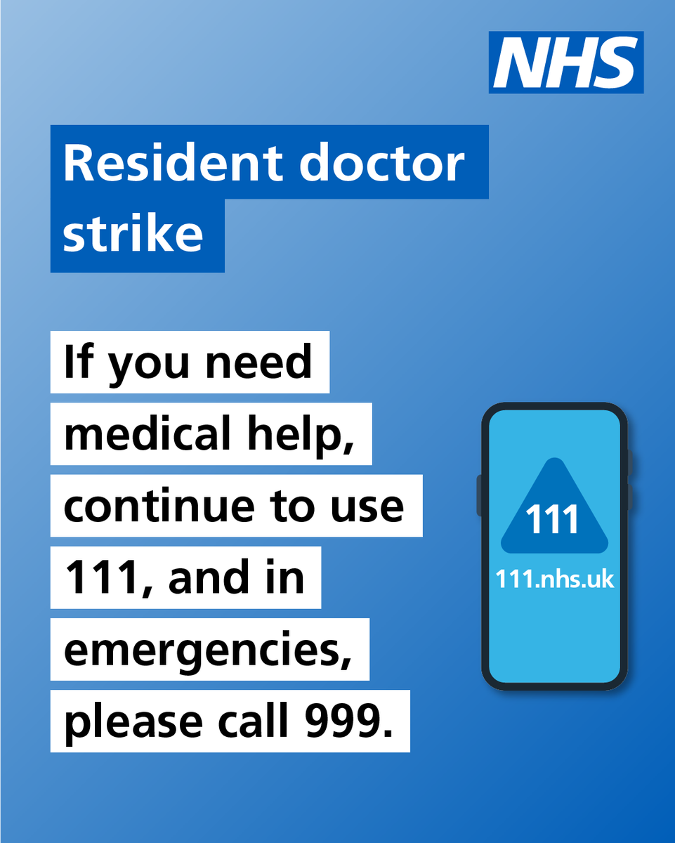 OFFICIALWMAS's tweet image. 🚨Resident doctors strike action started today at 7am and will last until Wednesday 30th July.
Please use 111 if you're unsure where to get the right care for your needs.
In a life threatening emergency call 999.