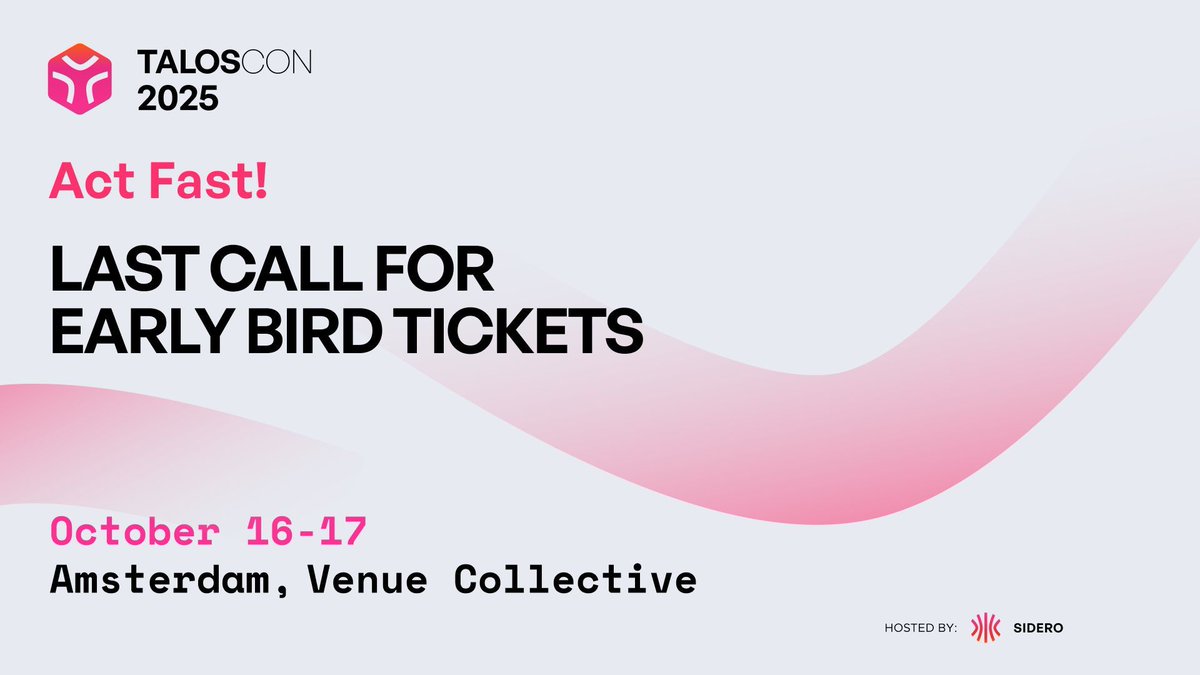 SideroLabs's tweet image. 🚨 WeeWooWeeWoo. The early bird window for #TalosCon2025 tickets closes Monday the 28th.
If you're already building with #TalosLinux, or just thinking about what’s next for your #Kubernetes infrastructure, now is the time to lean in.
🔗 Grab your ticket taloscon.com