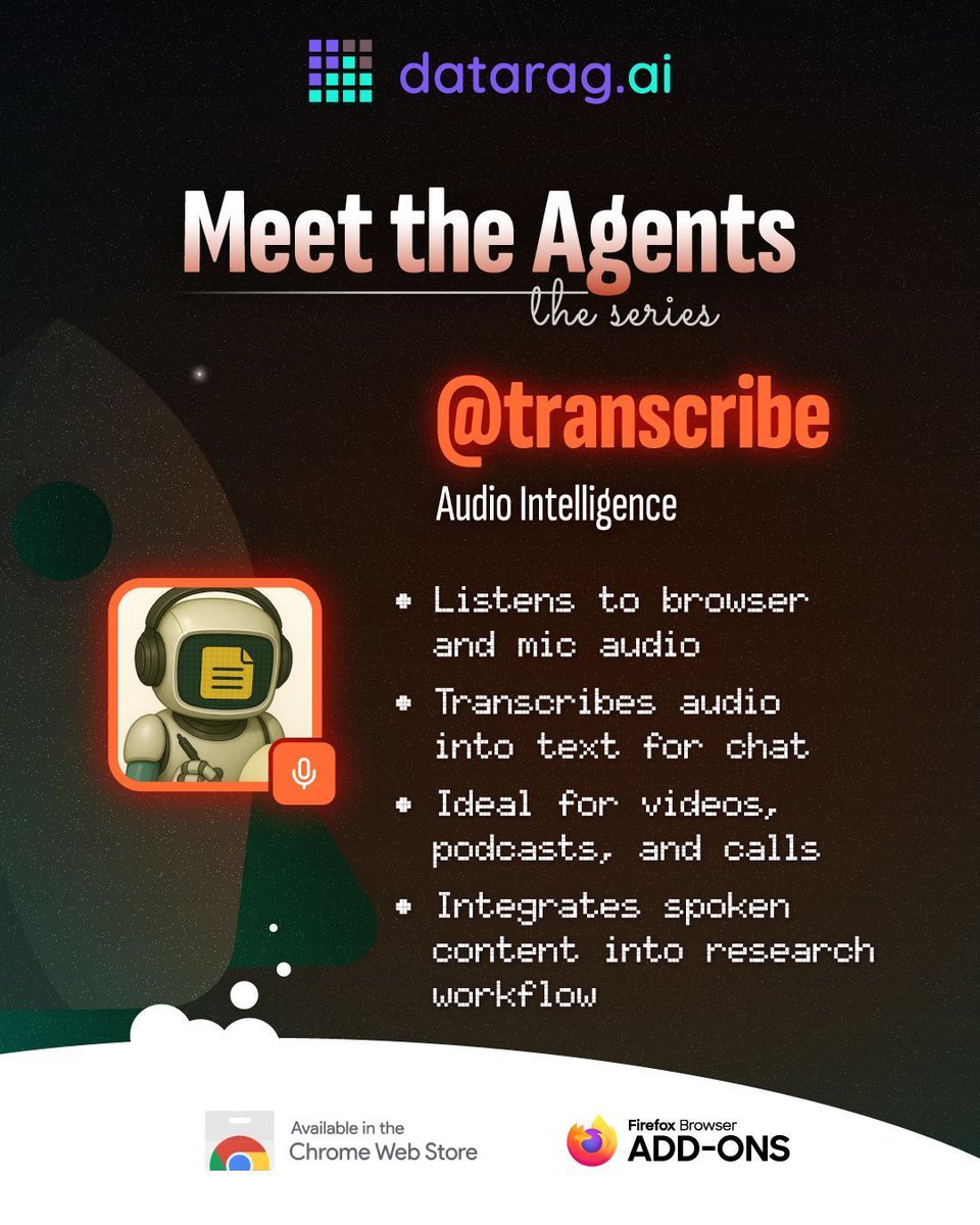dataragai's tweet image. Never miss a word! @transcribe agent listens and transforms audio from your browser or mic into searchable, usable text.

#Transcription #AudioToText #AITranscribe