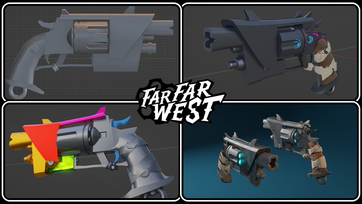 From sketches to showdowns, we're taking a BTS look at a bounty hunter's most trusted tool: His pistol 💥 

Check out how it evolved from concept sketches to the in-game model, designed with a weird west flair! 🤠

#gamedev #indiegame #conceptart