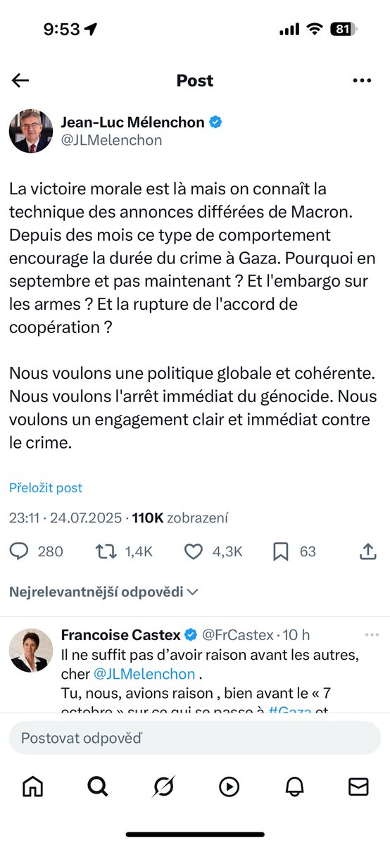 Martin Balucha (@martinbalucha) on Twitter photo Macronovo rozhodnutí uznat Stát Palestina vyvolala ve 🇫🇷silné reakce:
Le Penová-uznat palestinský stát=uznat stát Hamás=teroristický stát
Ministr zahraničí Barrot- Hamás vždy odmítal dvoustátní řešení
Levice-Mélenchon-morální vítězství ale proč čekat až do září?
<a href="/iROZHLAScz/">iROZHLAS.cz</a> Macronovo rozhodnutí uznat Stát Palestina vyvolala ve 🇫🇷silné reakce:
Le Penová-uznat palestinský stát=uznat stát Hamás=teroristický stát
Ministr zahraničí Barrot- Hamás vždy odmítal dvoustátní řešení
Levice-Mélenchon-morální vítězství ale proč čekat až do září?
<a href="/iROZHLAScz/">iROZHLAS.cz</a>