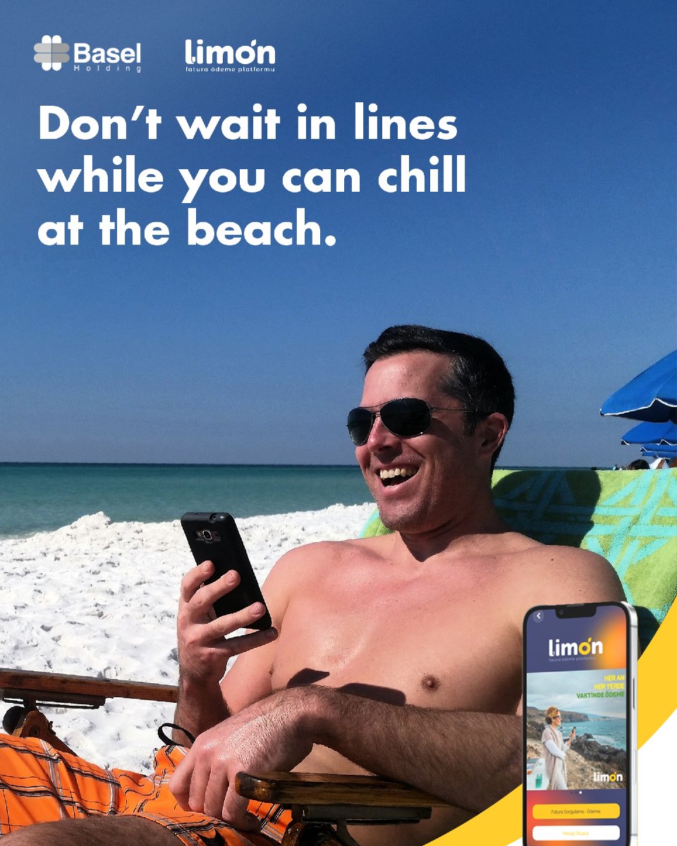 BaselHolding's tweet photo. Don’t wait in lines. Pay your bills with Limon at the beach while you get tan lines.
#limononline #baselholding https://t.co/jfs5V4G6iL
