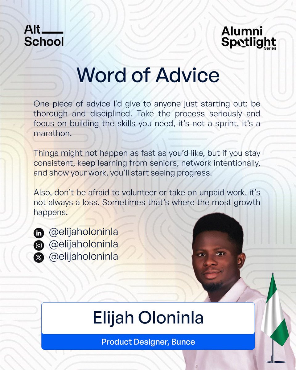 AltSchoolAfrica's tweet image. We’re so excited to spotlight one of our amazing alumni, Elijah Oloninla (@elijaholoninla) a Product Designer at Bunce! 🎉
So far, he has worked with 3 US-based Nigerian startups as a Product Designer.
He’s earned certifications in product analytics and design, taken on…