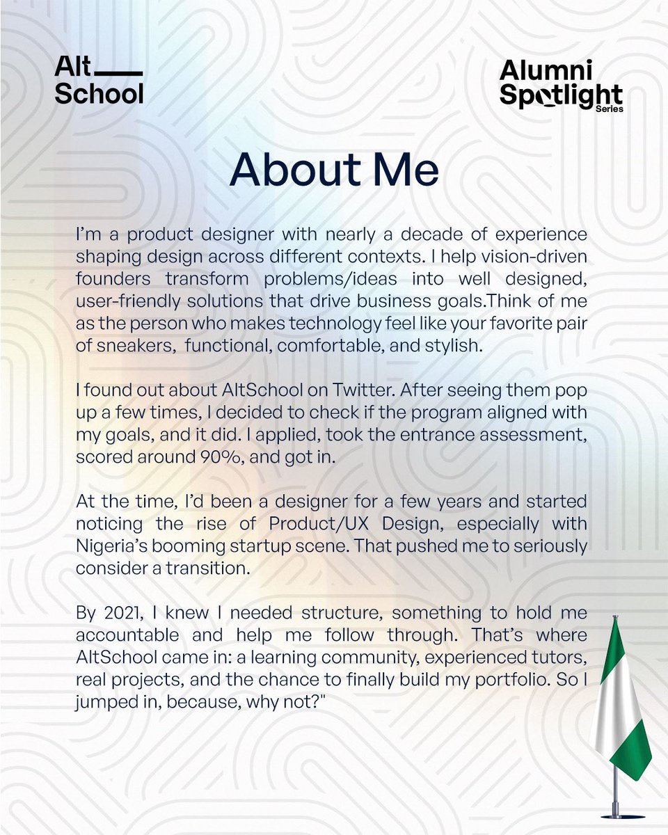 AltSchoolAfrica's tweet image. We’re so excited to spotlight one of our amazing alumni, Elijah Oloninla (@elijaholoninla) a Product Designer at Bunce! 🎉
So far, he has worked with 3 US-based Nigerian startups as a Product Designer.
He’s earned certifications in product analytics and design, taken on…