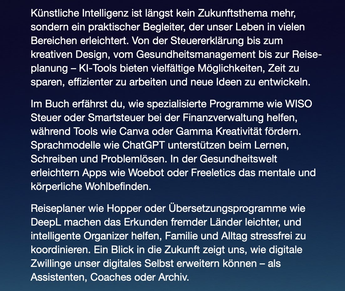 🚀 Mein drittes Buch ist da! 📘
„KI-Tools für mehr Zeit im Alltag“ ist ab sofort erhältlich:
👉 amazon.de/dp/B0FJX3N17P
#ki #book #tools