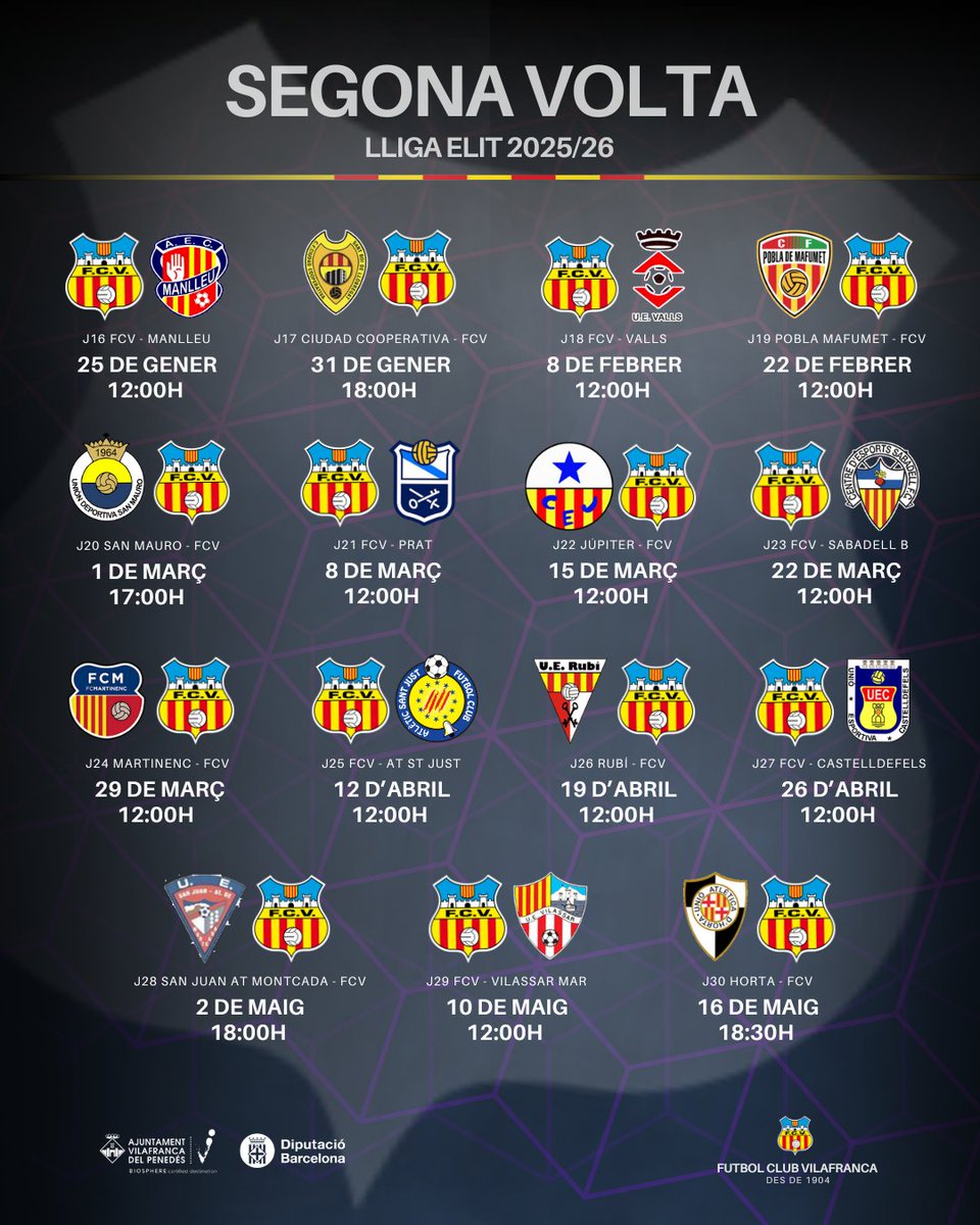 📅✅ 𝑪𝑨𝑳𝑬𝑵𝑫𝑨𝑹𝑰 𝑳𝑳𝑰𝑮𝑨 𝑬𝑳𝑰𝑻 𝟐𝟎𝟐𝟓/𝟐𝟔

Ja pots consultar el nostre calendari de competició per a la Lliga Elit 2025/26.

(Dates i hores subjectes a possibles modificacions per motius d'emissió per televisió, etc.).

#AnemAlCamp
#LligaElit #futbolcat