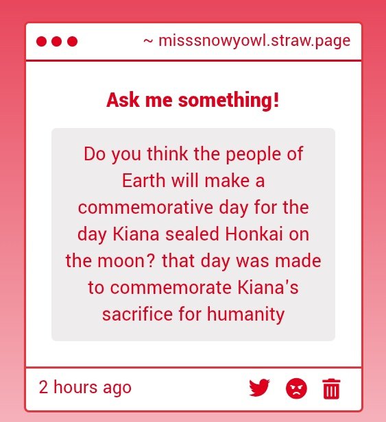 MissSnowyOwl's tweet image. This depends on how much humanity knows about what Kiana did for them. But there might be a day like this celebrated by Schicksal