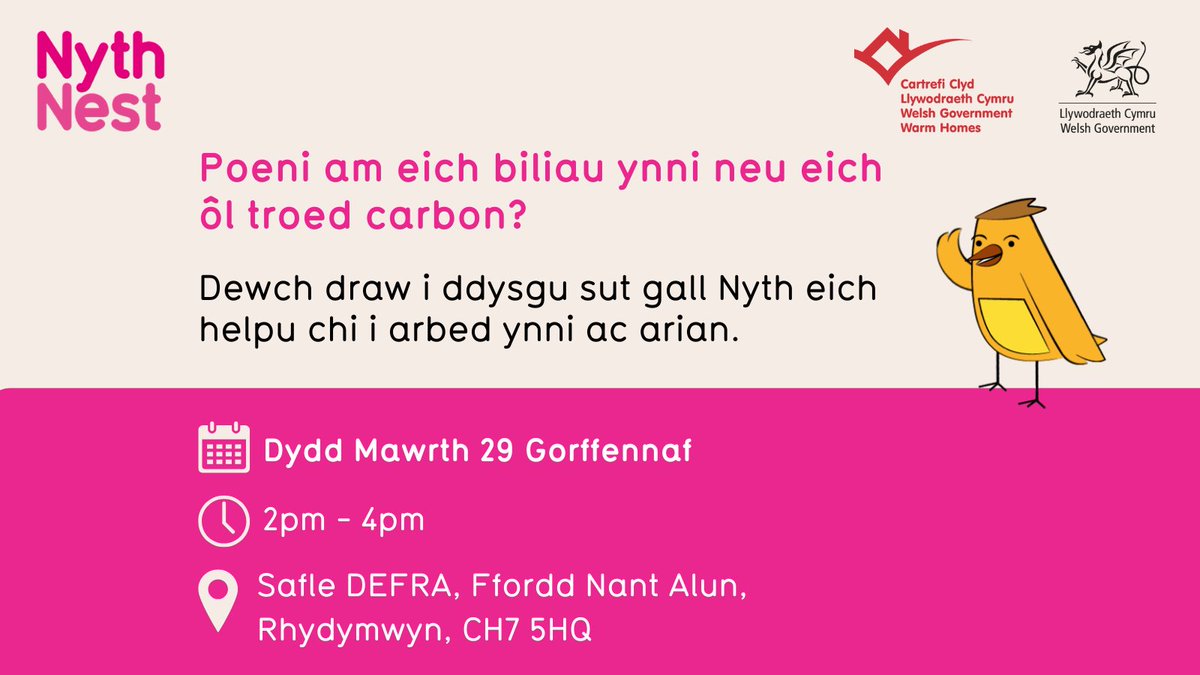 📣 Dewch i sgwrsio efo ni.

Bydd ein cydweithiwr Dylan yn sesiwn gyngor galw heibio <a href="/CSyFflint/">Cyngor Sir y Fflint</a> ddydd Mawrth i ateb eich cwestiynau am filiau ynni.

⏰ 2pm – 4pm 
📍 Safle DEFRA, Ffordd Nant Alun, Rhydymwyn, CH7 5HQ