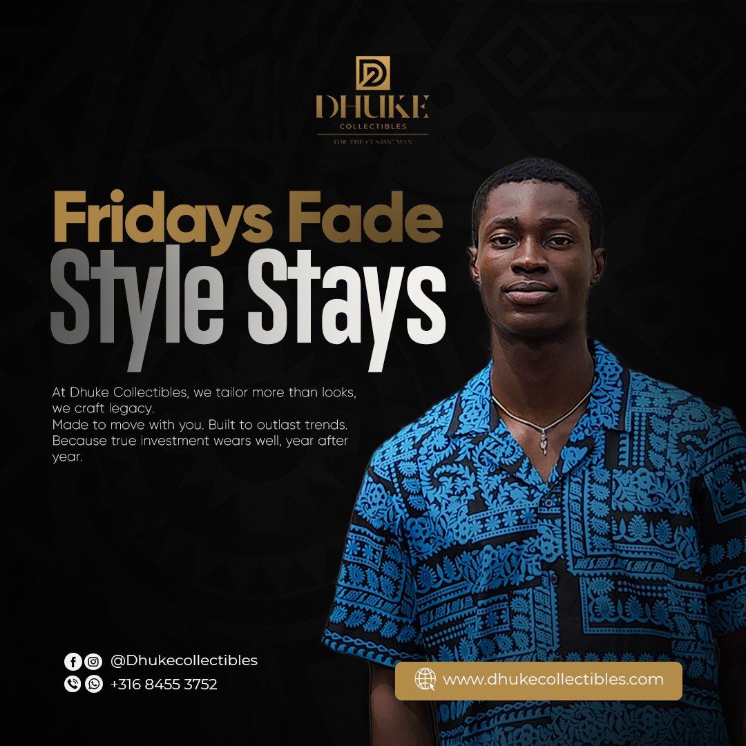 DhkCollectibles's tweet image. Fridays fade, but style stays.
At Dhuke Collectibles, we design legacy — not just looks.
#DhukeCollectibles #StyleOverTrends #TimelessStyle #NaijaMenswear #MadeToLast