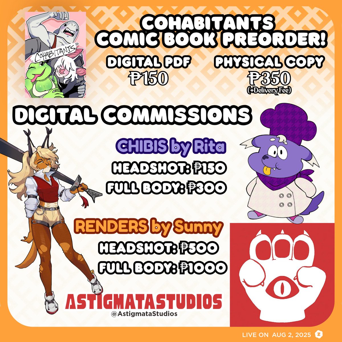 ☀️🔥 Astigmata Studios is bringing the heat to Filpaw Convention this summer!

Catch them at their online booth—a wild, chaotic ride you won’t want to miss! And that’s not all—cool down with custom digital commissions and comics from the talented duo 🌸✨
